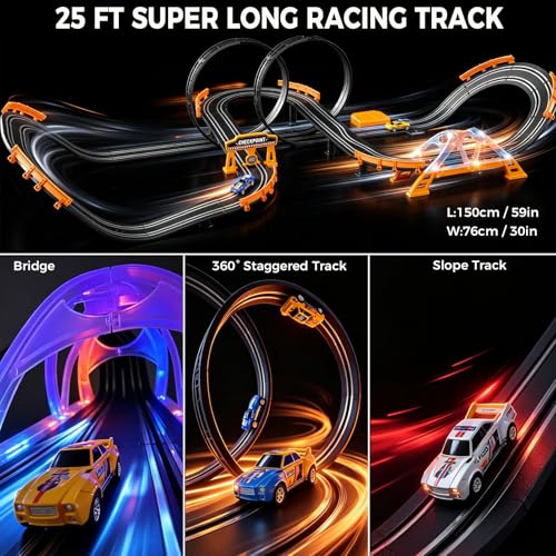 Image of Electric Slot Car Race Track Sets with 4 High-Speed Racing Slot Cars Dual Racing Game with 2 Controllers Circular Overpass Track Featuring Flash Bridge Pendulum Gifts Toys for Boys Kids Age 6 7 8-12