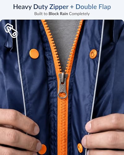 Image of Destinio Rain Coat for Men Waterproof with Hood, Thick Polyester, Leak Proof, Premium Zipper, Raincoat for Bike Riding, Double Layer Rain Suit for Riders, Rainwear Set
