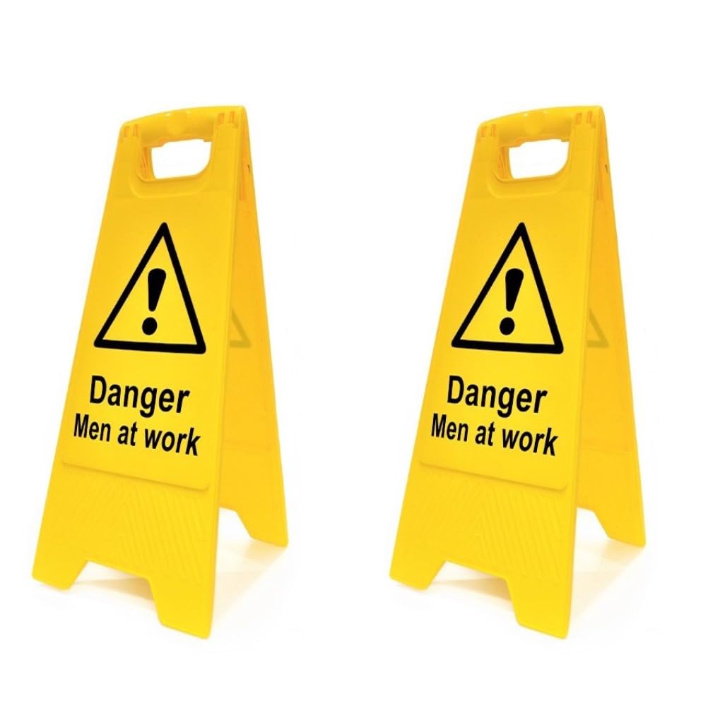 Danger Men at Work Floor Sign - Pack of 2 | Double-Sided Safety Warning Sign | Foldable A-Frame, High Visibility | Construction, Maintenance & Workplace Safety