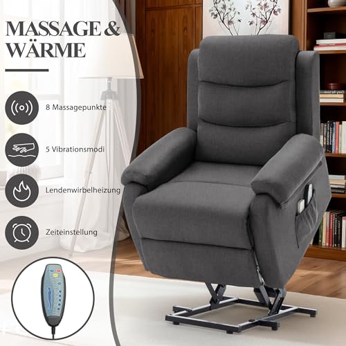 Korser Relaxsessel mit Liegefunktion für Erwachsene, Elektrischer Fernsehsessel mit Aufstehhilfe, Massagesessel mit Wärmefunktion, TV Sessel mit Memory-Funktion für Wohnzimmer Schlafzimmer (Darkgrey)