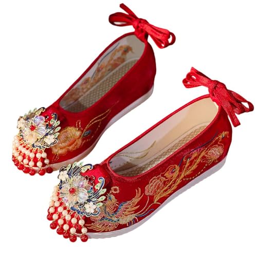 Lifup Zapatos Mary Jane Bordados Tradición Chinos Mocasín sin Cordones Bailarina para Mujer con Perlas Rojo 43