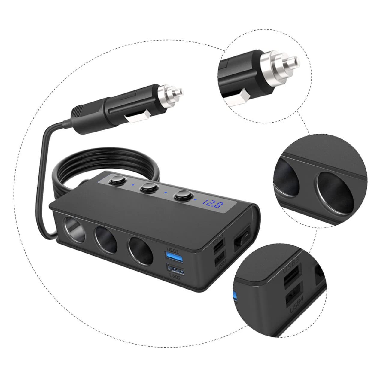 Veemoon Caricatore da Auto Adattatore Accendisigari 3 in 1, 4 Porte Usb, 180w Max, Interruttore Indipendente, per Telefoni Cellulari e Mp3
