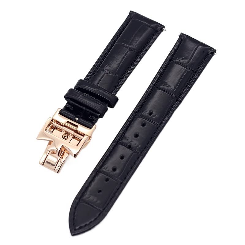Bracelet de montre en cuir de vache double face 20mm élégant noir et boucle or rose