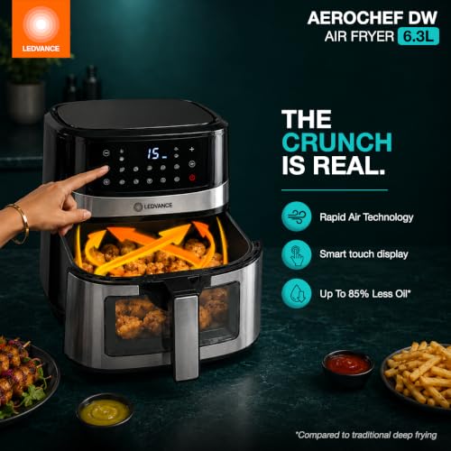 Image of Ledvance Air Fryer | 6.3LCapacity & 1600W | 10 in 1 Functions | Digital & Touch Control Panel | 360Rapid Air Circulation | 85% Less Oil Usage | Glass View | 9 Pre Heat Settings | 2 Year Warranty