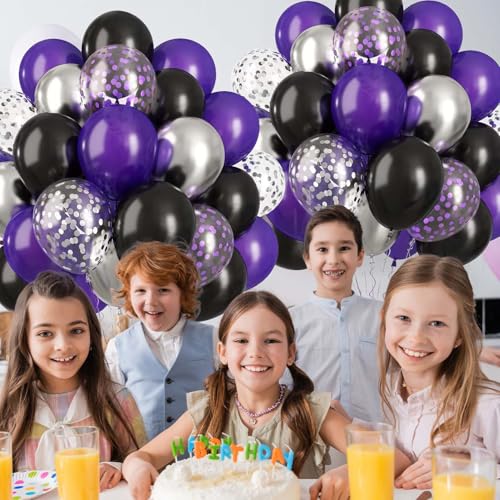 Image of 60PCS Purple Black and Silver Balloons,10 inch Purple Black and Silver Balloon Arch Kit Birthday Decorations,Suitable for Birthday Wedding,Halloween Party Decorations