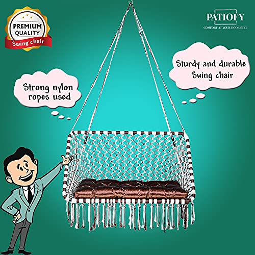 Image of Patiofy Premium Large Double Seater Swing Chair /Hanging Hammock Swing Chair for 2 People /Jhula for Adults & Kids / 2 Seater Swing for Balcony, Free Hanging Kit & Cushion Included-White-Brown