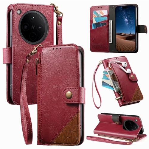 Coque Oppo A79 5G rouge étui portefeuille zippé anti-choc avec support et rabat magnétique