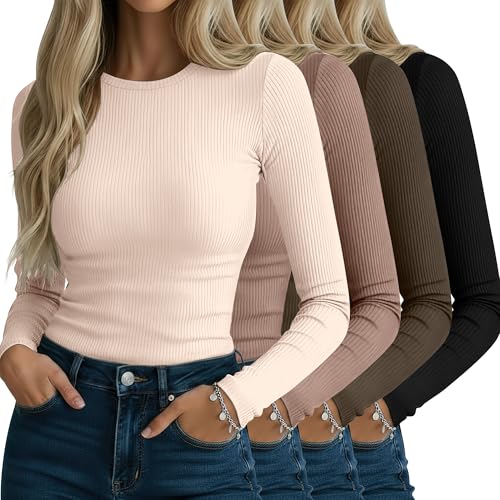 Neer 4 Pack Women's Ribbed Long Sleeve Shirts, Cotton Crew Neck Slim Fit Tops Stretch Knit Casual Base Layer Basic Tee Shirts