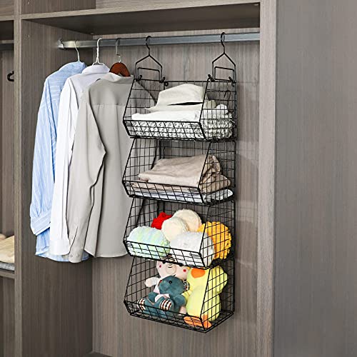 X-Cosrack 4 Tier Foldable Closet Organizer, Clothes Shelves With 5 S Hooks, Wall Mount&Cabinet Wire Storage Basket Bins, For Clothing Sweaters Shoes Handbags Clutches Accessories Patent Design #TOP3