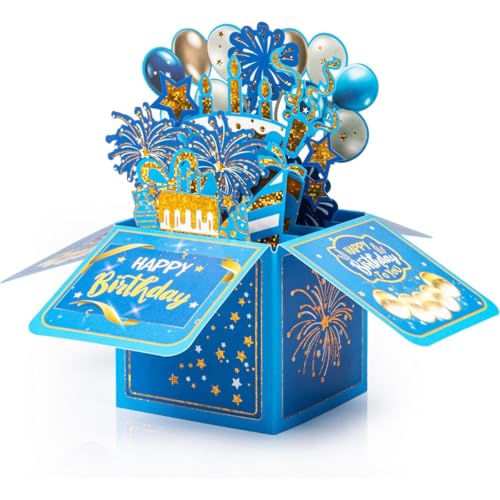 Sweet 3D Happy Birthday Pop Up Card with Envelopes Unique Handmade Foldable Celebration Cards Birthday Gifts for Daughter Son Mom Dad Friend Blue