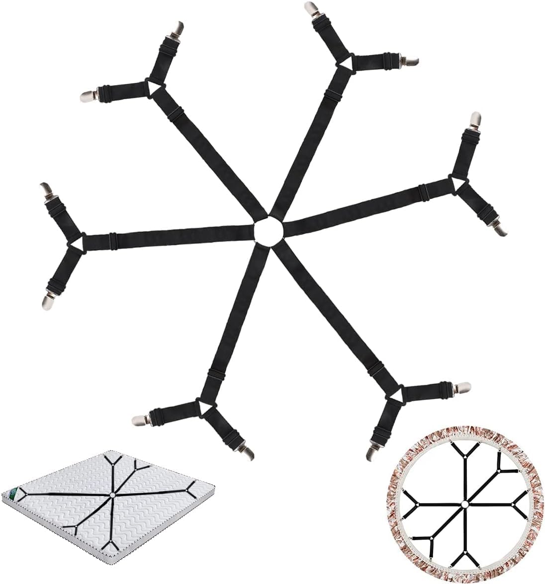 Bed Sheet Clips - Fitted Sheet Straps for Bedding,Mattress Straps and Sheet Grippers with 8 Way Elastic Bands Bedsheet Holder Suspenders Fasteners (Black)