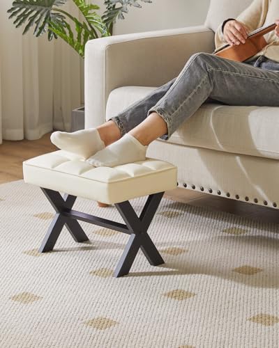 Image of IBUYKE Small 12 inch H Footrest, Square PU Step Stool, White WBD012W | Foot Stool Metal X-Leg Multi-Use Small Side Table Living Room Bedroom Entryway Office
