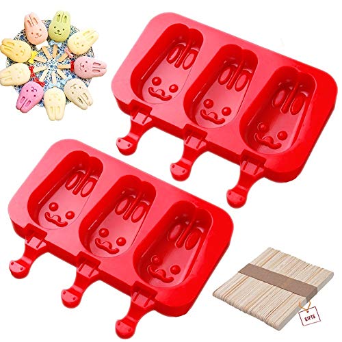 Sakolla Homemade Popsicle Silicone Molds with Lid, BPA Free Ice Cream Bar Mold, 3 Cavities Silicone Ice Pop Mold with 40 Wooden Sticks, Set of 2 ( Rabbit Shape)