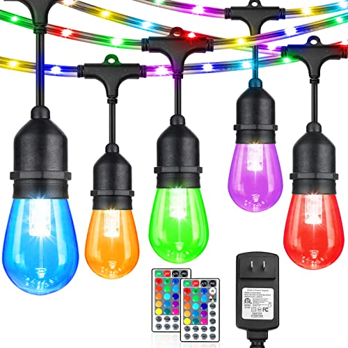 48FT RGB String Lights with Rope Fairy, LED String Lights Outdoor with Remote, RGB CafÃ© Lights Patio Lights, Waterproof Shatterproof Edison Bulb String Lights for Garden Christmas Halloween