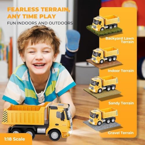 Image of RAMNATH Remote Control Dump Truck Toy for Kids - 2.4GHz 6-Wheel RC Construction Vehicle with Automatic Dumping Action, Realistic Sound & Lights - Heavy Duty Engineering Truck Gift for Kids 3+.(G)