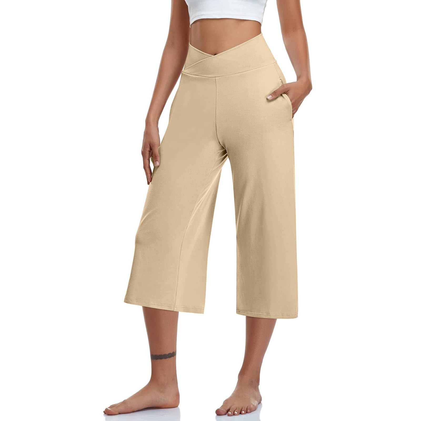 Capri Yoga Pants for Women Soft Crossover High Waisted Wide Leg Cropped Pants Stretchy Workout Tummy Control Capri Leggings with Pockets Summer Comfy Lounge Capris Athletic Gym Plus Size Leggings
