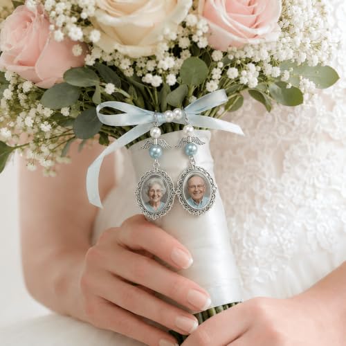Image of MIXJOY Something Blue Gift for Bride, Wedding Day Bridal Blue Pearl Angel Wings Bouquet Garter Charm for Bride to Be
