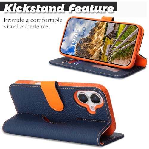 Image of Detachable Genuine Leather Case for iPhone 16 Wallet Case Magnetic 2in1 Removable Flip Cover Book Purse Compatible with Magsafe Charging Kickstand Card Holder-Navy Blue+Orange