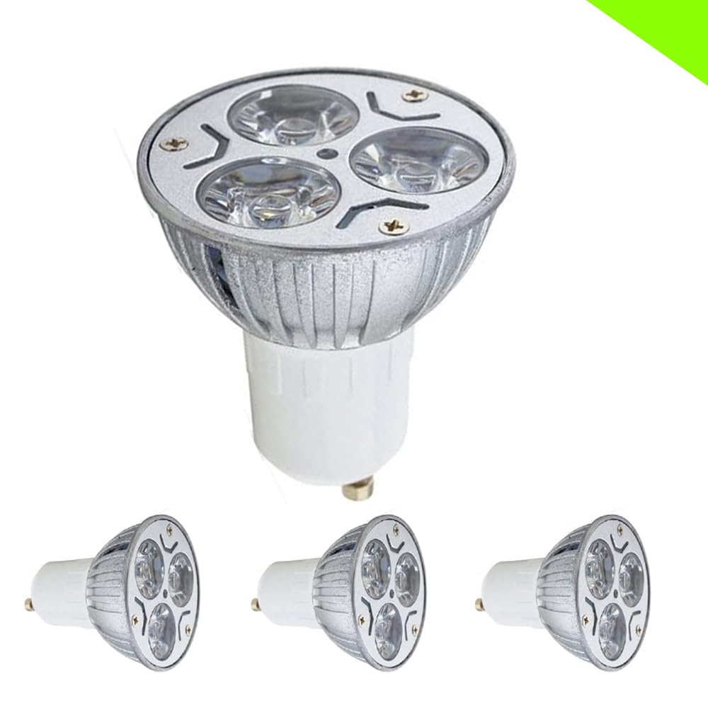3W GU10 LED Light Bulbs Cool White 6000K, Halogen Bulb Equivalent, 240LM,120°Beam Angle 220V 230V, Non Dimmable, Energy Saving Light Bulbs Spotlight Reflector aluminium for Ceiling Lights (4 pieces)