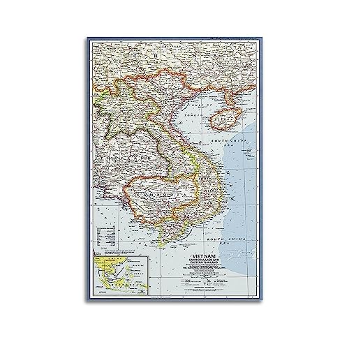 JONZA Poster carte Vietnam, Cambodge, Laos et Thaïlande orientale, carte classique, peinture décorative sur toile, décoration murale et art pour chambre familiale, 30 x 45 cm