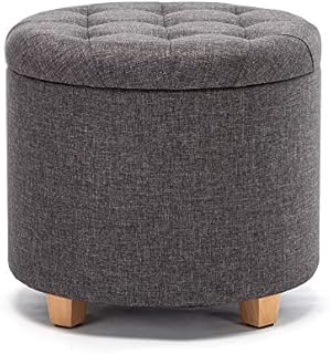 HNNHOME 45cm Round Linen Padded Seat Ottoman Storage Stool Box, Footstool Pouffes Chair with Lids (Charcoal)