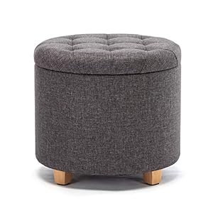 HNNHOME 45 cm ronde linnen Ottomaanse opbergkruk met gewatteerde zitting, voetenbank, poef, stoel met deksel (Houtskool)
