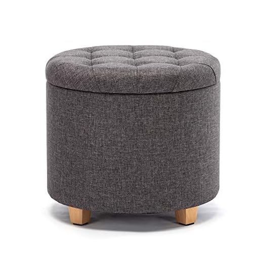 HNNHOME Sittpall med förvaringsutrymme, sits rund med lock, sittkista, fotpall kista förvaringslåda, linne, 44 L, 45 x 45 x 41 cm, antracit