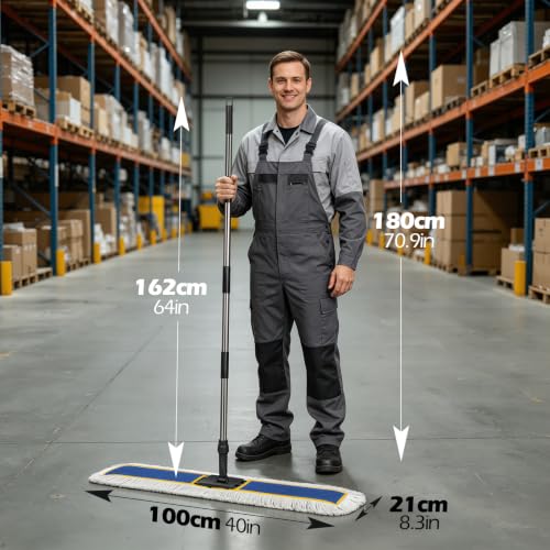 Image of MASTERTOP 40 inch Commercial Dust Mop for Floor Cleaning, Heavy Duty Flat Mop | Industrial 64 inch Long Handle Push Broom with 2 Cotton Pads for Hardwood, Tile, Laminate, Concrete, Warehouse & Gym Cleaning