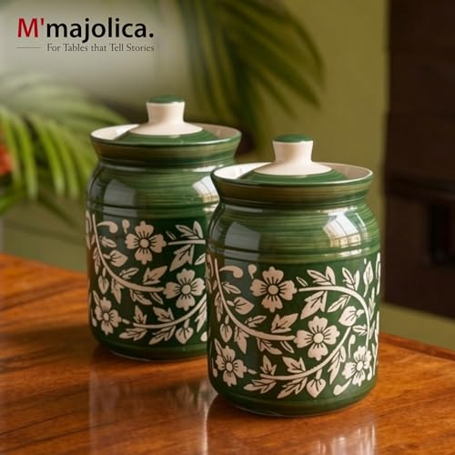 Image of Green Floral Ceramic Handglazed Pickle Jars Set of 2-1000 ML Each | 1 kg Achaar Martban Barni Jar with Lid | Ceramic Storage Jar Container Pickle, Chatney