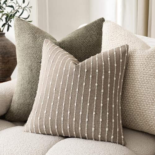 Image of Foindtower Decorative Striped Boucle Throw Pillow Covers 22x22 Taupe Gray | Pack of 2 Accent Textured Neutral Pillowcases,Boho Modern Cushion Covers,Rustic Home Decor for Couch Sofa Bedroom Living Room