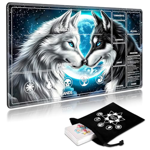 Image of for MTG Playmat with Card Storage Bag,Non-Slip Rubber Base & Smooth Surface 24x14in,Beginner-Friendly Magic Mat for Commander Deck,Black White Wolf Moon