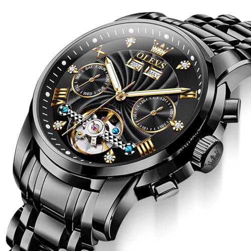 Image of OLEVS Black Automatic Watches for Men Business Dress Mechanical Watch Stainless Steel Waterproof Self Winding Classic Date Luxury Diamond Skeleton Men Wristwatch