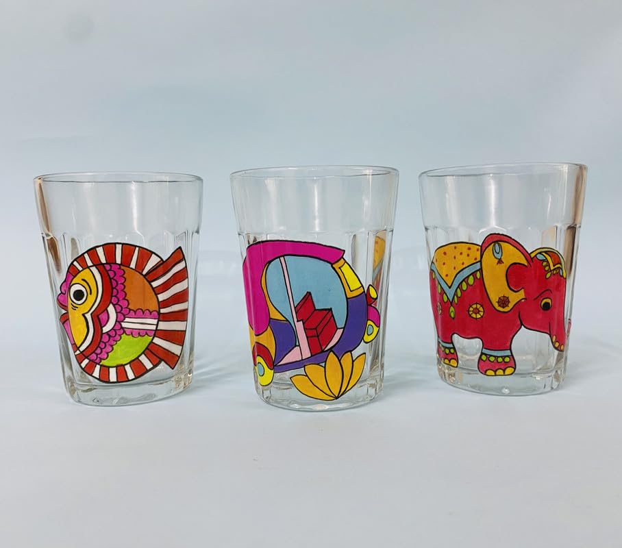 TOPSYTURVY Hand Crafted & Hand Designed Tapri Tea and Coffee Style Glass (Set of 6, 90ml Each) | Colourful Design Tapri Style Kulhad Cups | Cutting Chai Glasses Set 3