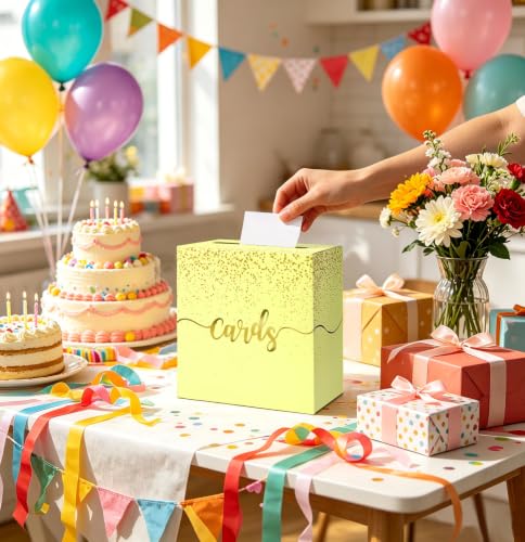 Image of Yellow Wedding Card Box with Gold Foil Yellow Gift Card Holder Box for Party Wedding Reception Graduation Birthday Baby Shower Retirement Cardboard Envelope Raffle Box with Slot