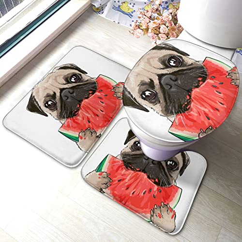 DIRYKILP Badematte + Konturmatte + Toilettendeckelbezug, Mops Eats Wassermelone 3 Stück Badematten Set, mit rutschfester Klebeunterseite