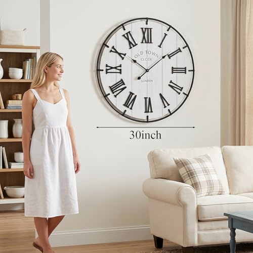 Image of EMAX HOME Large 30 Inch Farmhouse Wall Clock, Rustic Distressed Wooden Face with Black Metal Frame, Silent Non-Ticking Quartz Movement, for Living Room, Bedroom, Kitchen, and Home Office Decor