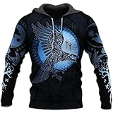 Sudadera Con Capucha Viking Ravens Tattoo Para Hombre - Norse Mythology Sudaderas Con Capucha Personalizadas Tops - Chándales de Manga Larga Vintage Celtic Odin Crow Wolf Graphic ( Color : Blue , Size