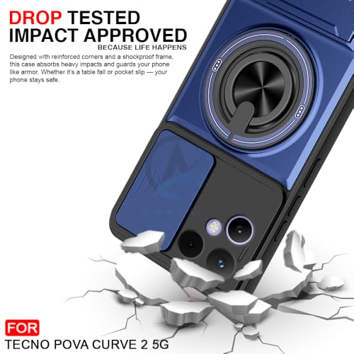 Image of AESTMO Tecno Pova Curve 2 Back Cover | Armor Camera Slider 360 Degree Rotating Finger Ring Holder Case with Bracket Stand & Camera Protection Back Case Cover for Tecno Pova Curve 2 (Blue)