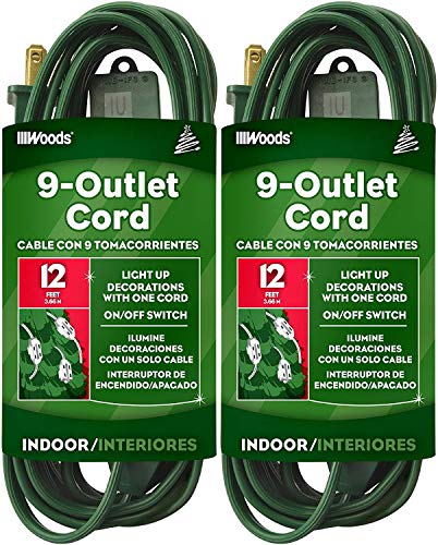 Woods 32189 Indoor Extension Cord With Nine Power Outlets (12 Feet, Green) Pack of 2