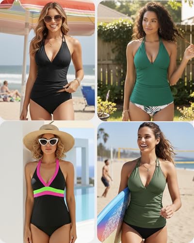 Image of Yonique Womens Two Piece Swimsuits Tummy Control Tankini Plus Size Bathing Suit Halter V Neck Swimwear
