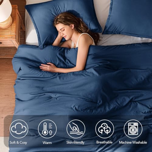 Image of Quataly Oversized Queen Comforter Set Prewashed Lightweight Quilted Bedding | 3PCS Navyblue Breathable Down Alternative Bedding Set with 1 Solid Comforter (98 inchx98 inch) and 2 Soft Pillowcases