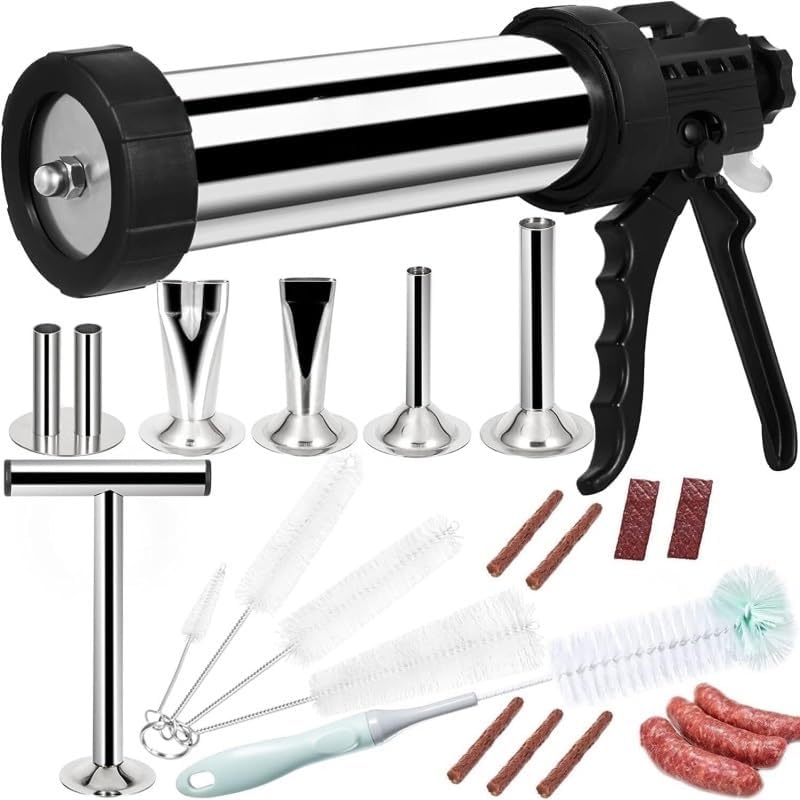 Large Capacity Jerky Gun Kit,Stainless Steel Jerky Shooter, with 5 Stainless Nozzles and 5Cleaning Brushes & Meat Pusher，for Homemade Jerky and Sausages