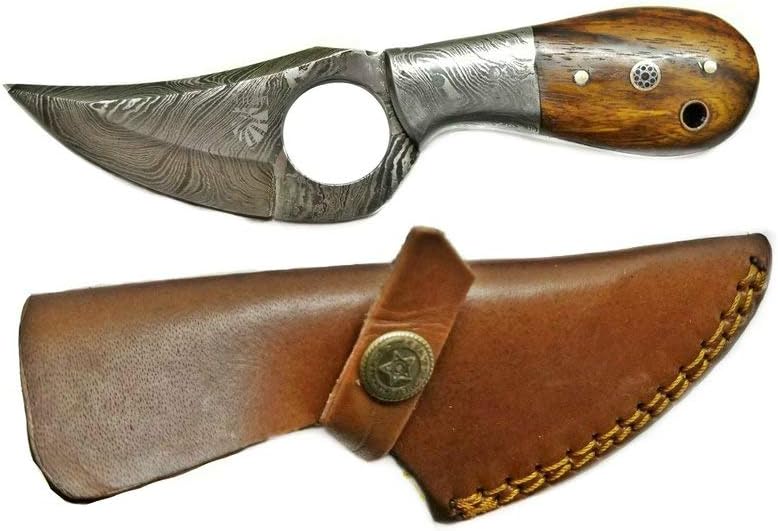 Titan International Knives Damascus Skinning Knife – 3.5″ Fixed Blade Skinner with Finger‑Hole Grip & Stag Horn Handle – Hand‑Forged Real Damascus 1095 & 15N20 Steel - Hunting Knife with Sheath