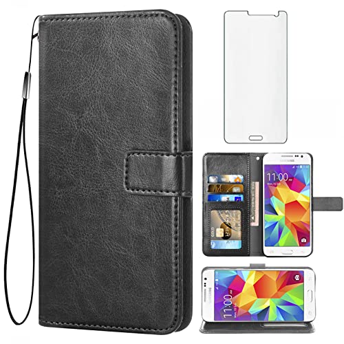 Asuwish Compatible with Samsung Galaxy Core Prime Wallet Case Tempered Glass Screen Protector Leather Flip Card Holder Stand Cell Accessories Phone Cover for Samsung Galaxy Core Prime Women Men Black