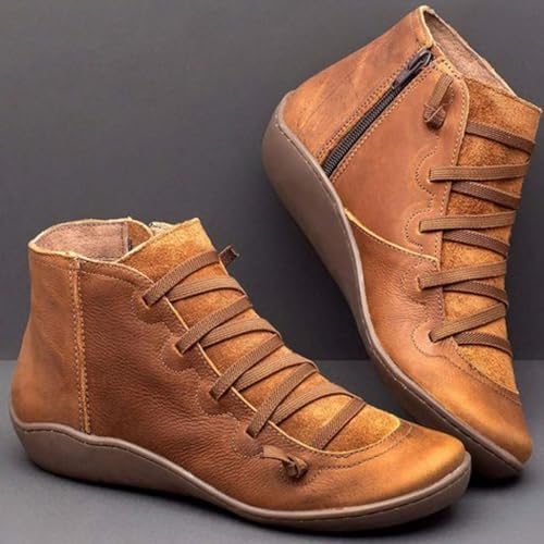 Ankle Boots for Women Comfortable Lightweight Round Toe Short Boot with Side Zipper Casual Lace Up Leather Flats Shoes Fashion Outdoor Hiking Walking Fall Winter Booties2