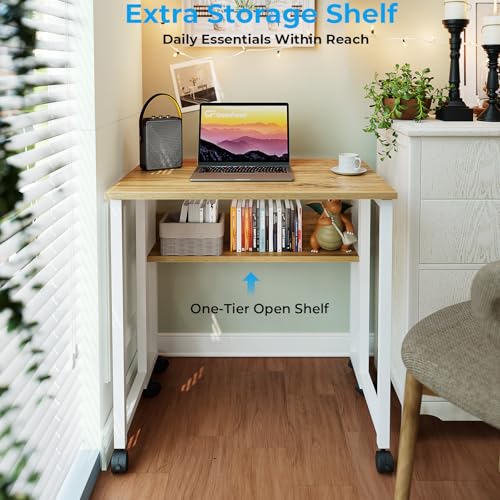 Image of GreenForest Folding Desk with Wheels, 31.5 Inch Compact Rolling Computer Table with Storage Shelf, Portable Mobile Workstation for Small Spaces, Easy Assembly, Oak