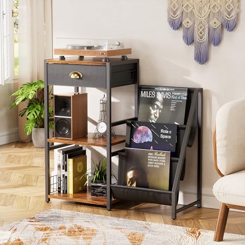 Treesunshine Support pour tourne-disque à 3 étages - Table d'appoint vintage avec tiroir - Support de disques vinyle en bois - Étagère avec étagère d'affichage à 3 niveaux - 86 x 30 x 75 cm