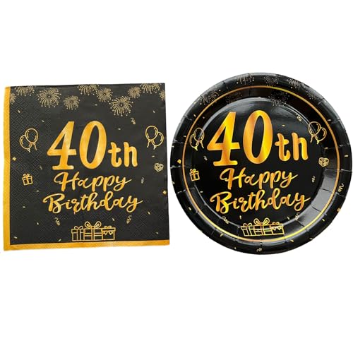 36PCS Happy Birthday Decorations Black Gold Party Supplies Set Includes Disposable Paper Birthday Plates and Napkins for 40th Decorations