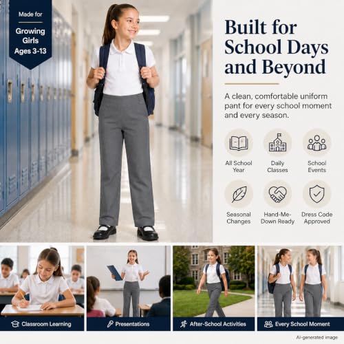 Image of Bienzoe Adjustable Waist Girls Pants: School Uniform Straight Leg | Growing kids Aged 3-13, Classroom, Campus Activities, Adjustable Fit Support, Private Academy Events, Soft Comfort, Easy Care