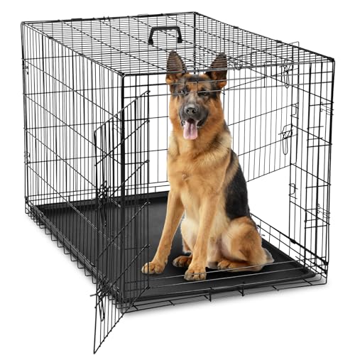 DUMOS Dog Crate, 42 Inch Large Double Door Dog Cage with Plastic Leak-Proof Pan Tray, Folding Metal Wire Pet Kennel for Indoor, Outdoor, Travel, Black by DUMOS - Used condition - US$50.78